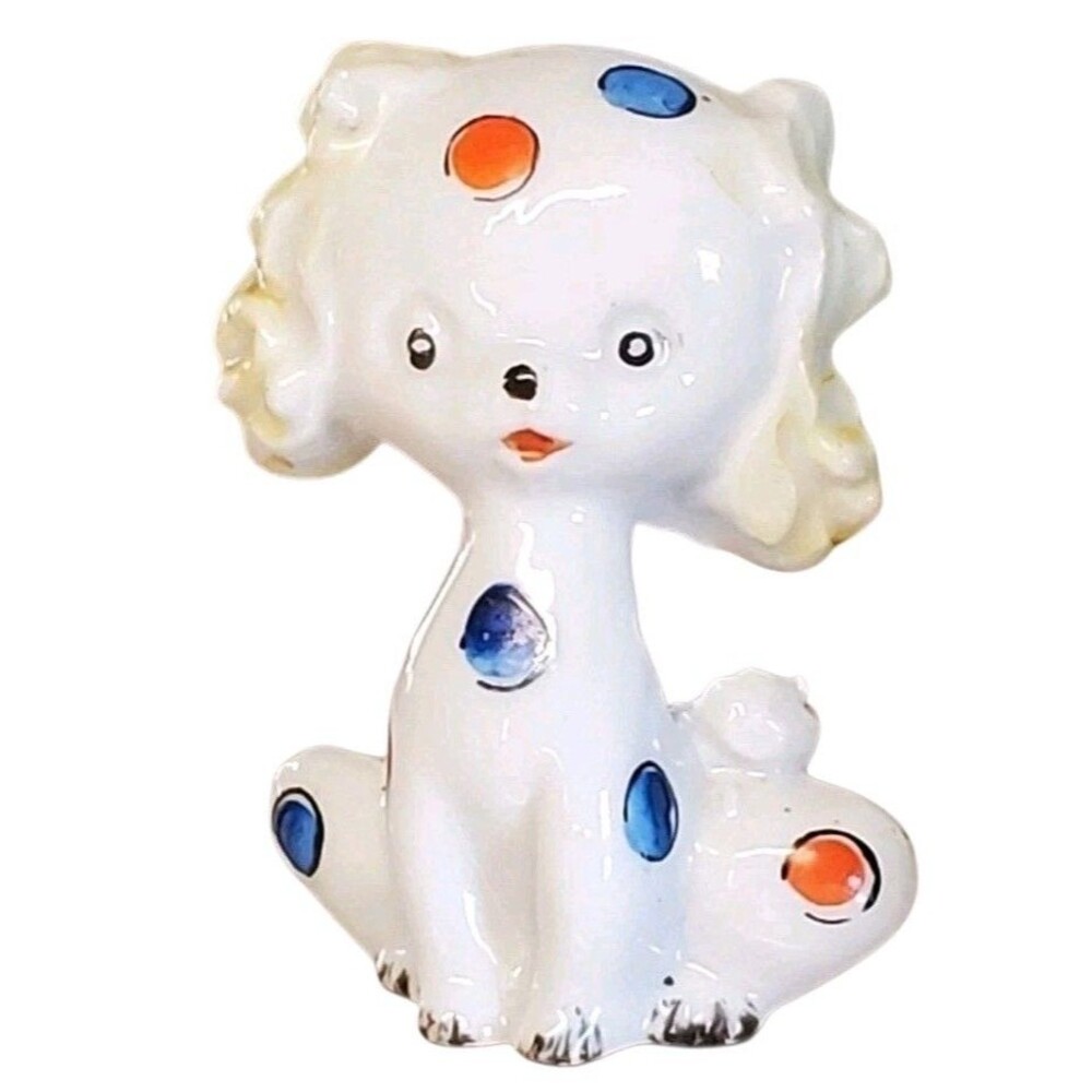 Vtg Puppy Dog Red Blue Polka Dot Kitsch Japan Porcelain 3"
